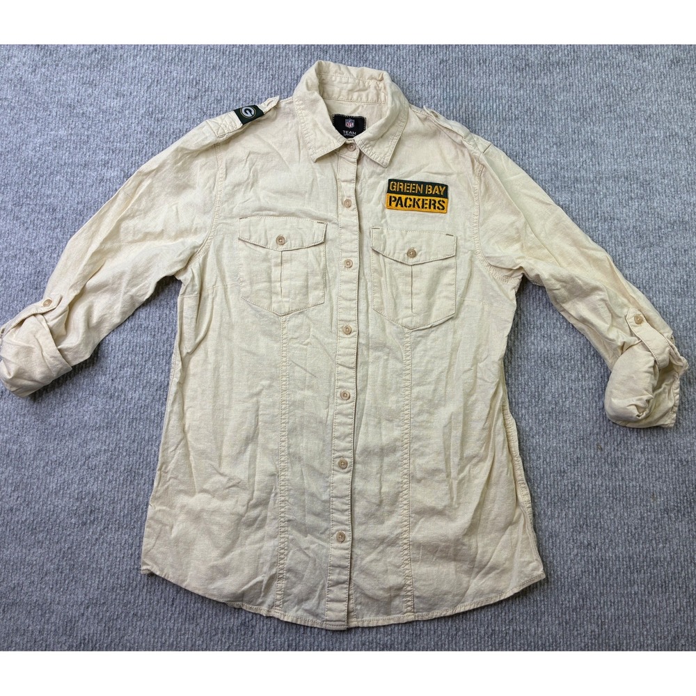 Green Bay Packers Womens M NFL Team Apparel Linen Blend Button Up Shirt Cream